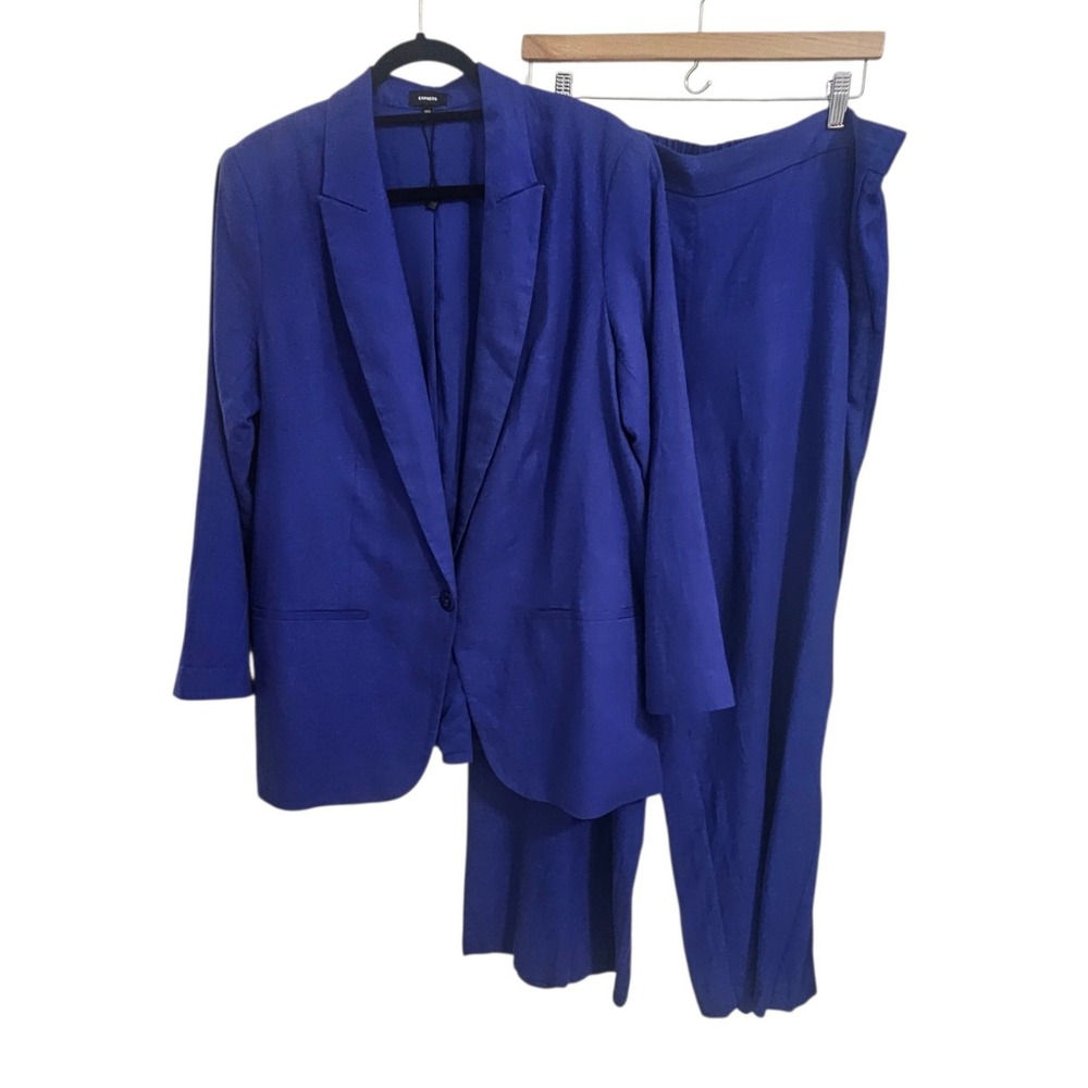 Express Linen Blend Suit Womens XL Blue Relaxed Wide Leg Capsule Office NWOT